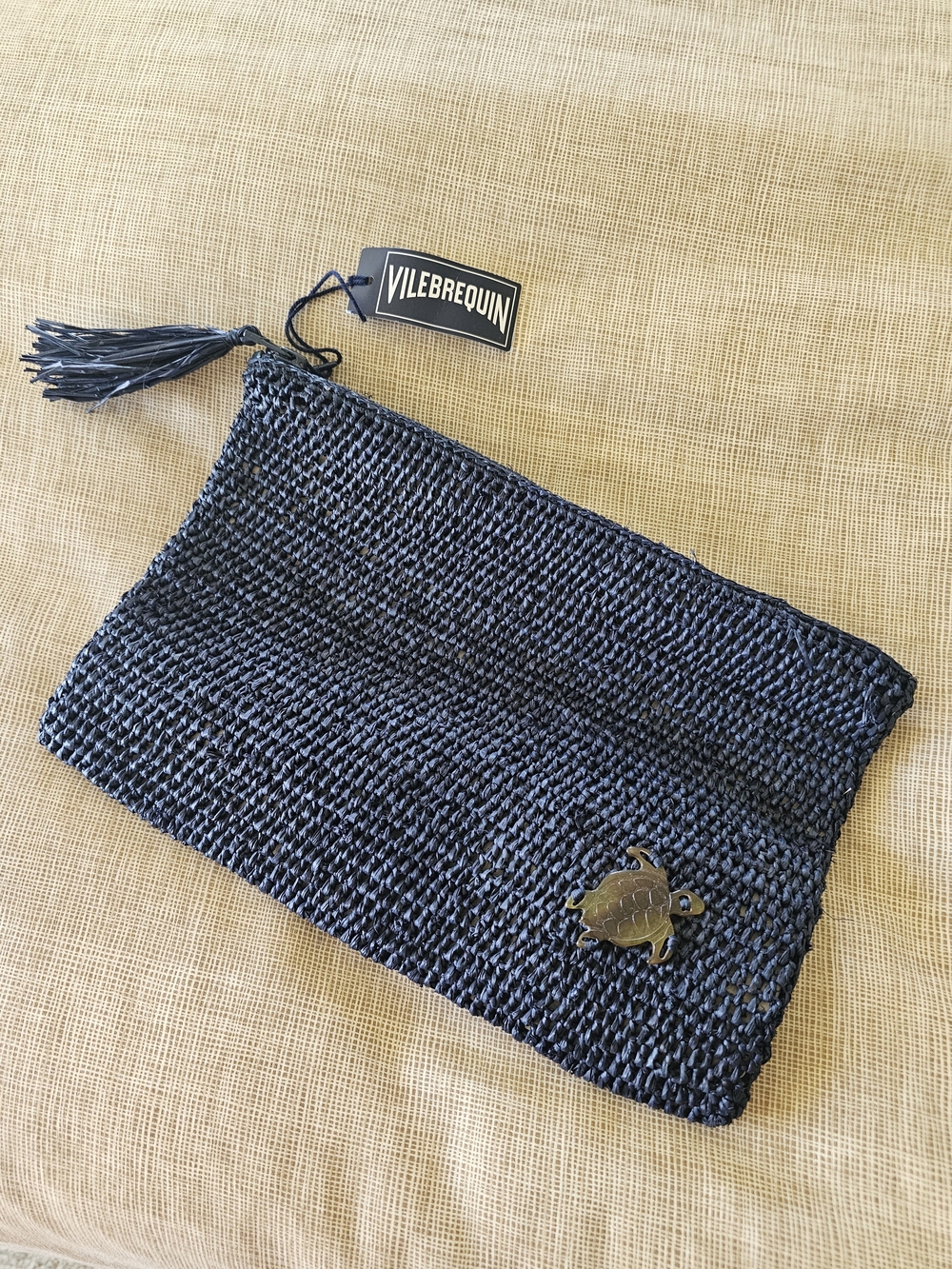 Vilebrequin Beach Chic Navy Raffia Pouch/Clutch with Sea Turtle Logo and Tassel